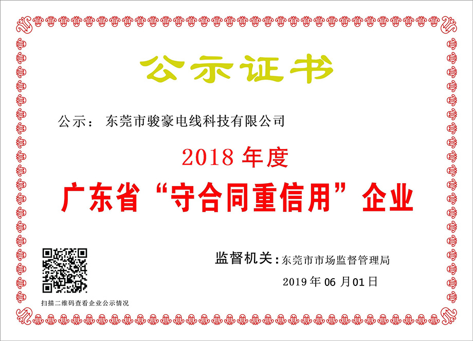 1-1Z6060T051K0 南宫NG28官网电线荣获2018年度广东省“守合同重信用”企业证书